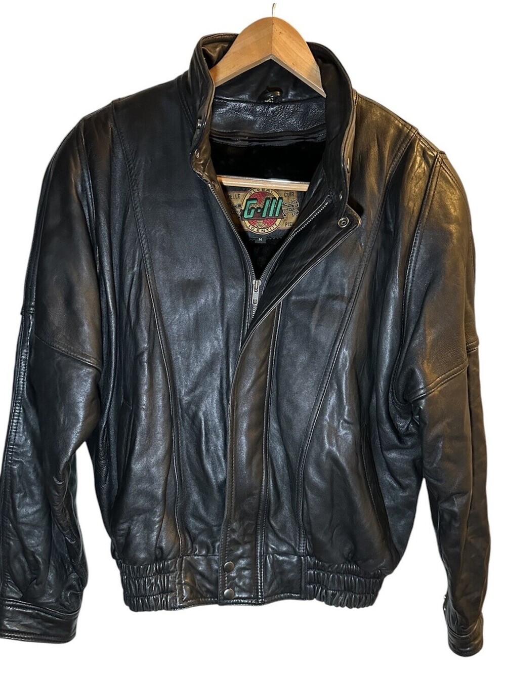 Vintage Black Leather Bomber Jacket Mens M Removable Faux Fur Lining 80s 90s